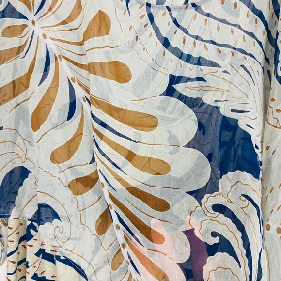 Anthropologie Tiny silk overlay tropical leaf print top cream blue & orange. M - Picture 3 of 5